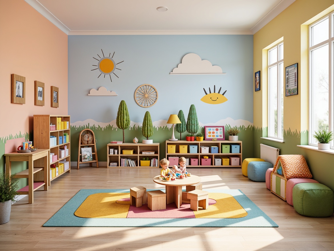 Prompt: Vibrant kindergarten classroom, modern furniture, colorful storage bins, playful rug patterns, whimsical wall decals, wooden tables, tiny chairs, educational toys, building blocks, alphabet charts, number lines, bright crayons, washable paint smudges, rounded shapes, gentle curves, pastel colors, soft peach tones, creamy whites, sky blues, sunshine yellows, grassy greens, bold black outlines, textured fabrics, natural wood accents, circular mirrors, cozy reading nooks, softbox lighting, shallow depth of field, 1/2 composition, realistic textures, ambient occlusion.