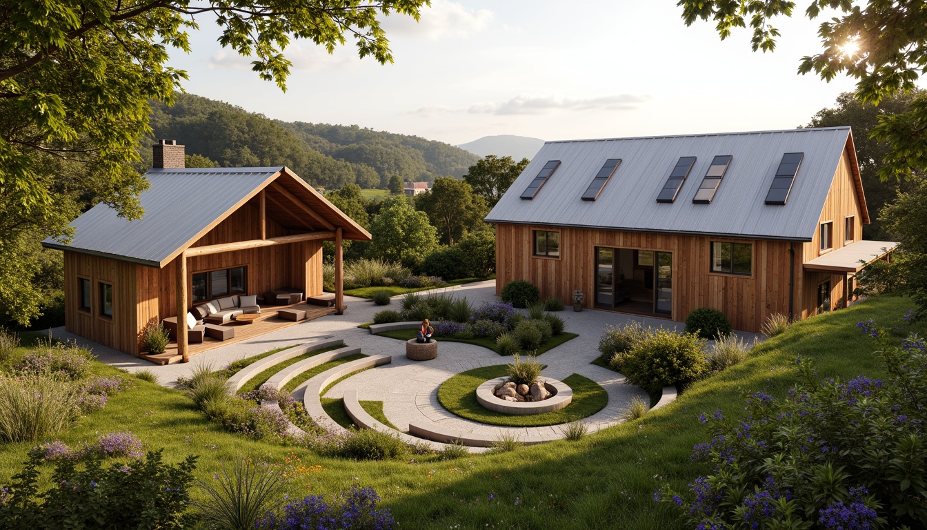 Prompt: Rustic farmhouse, amphitheater seating area, lush greenery, wildflowers, wooden beams, corrugated metal roofs, solar panels, skylights, clerestory windows, reclaimed wood accents, natural stone walls, earthy color palette, rural landscape, rolling hills, serene atmosphere, warm golden lighting, shallow depth of field, 1/2 composition, realistic textures, ambient occlusion.