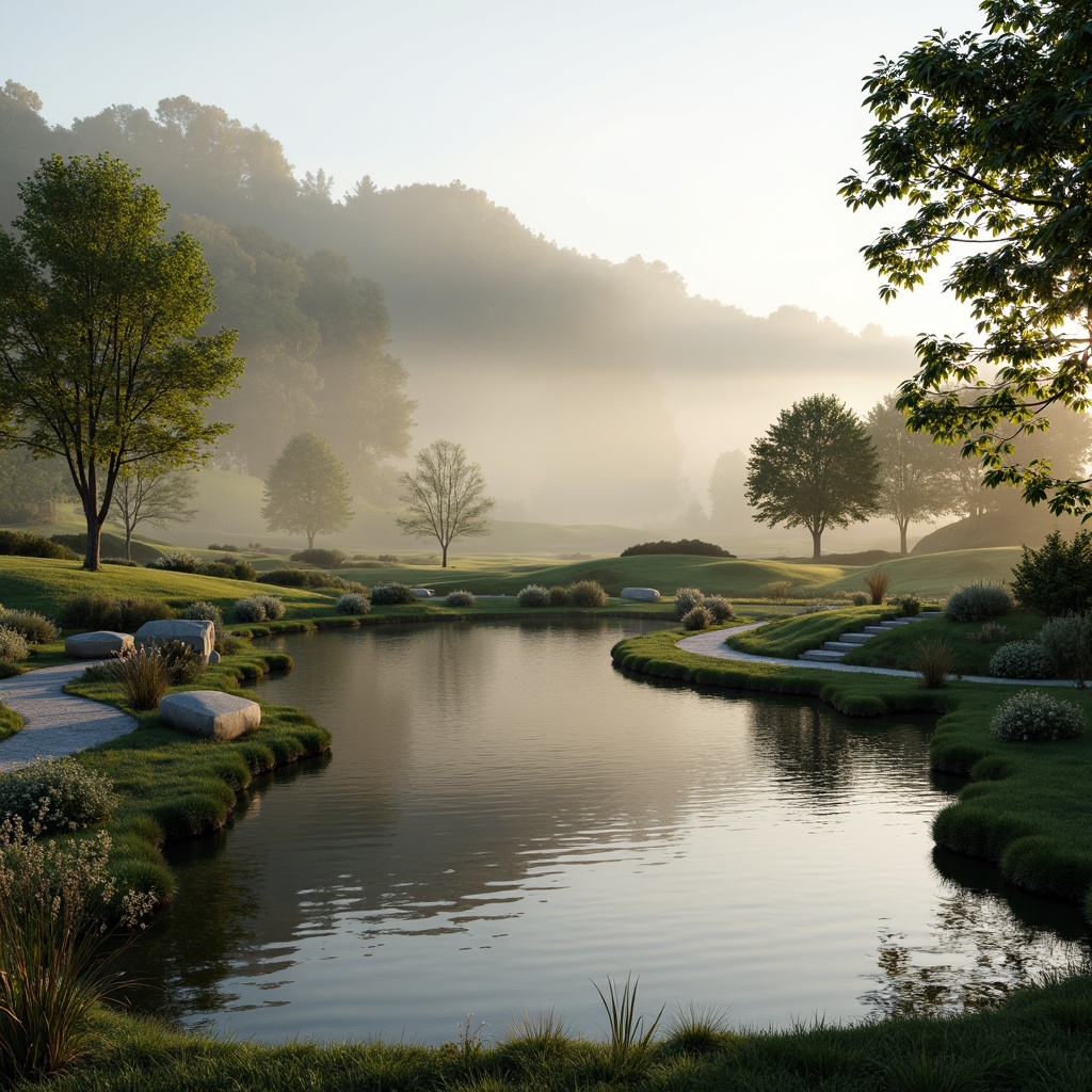 Prompt: Soft misty morning, calming atmosphere, serene landscape, gentle rolling hills, lush greenery, soothing water features, peaceful pond, subtle ripples, natural stone pathways, weathered wood accents, earthy tones, mossy greens, blues and whites, creamy whites, warm beige, soft peach, pale lavender, gentle golden light, warm sunlight, shallow depth of field, 3/4 composition, realistic textures, ambient occlusion.