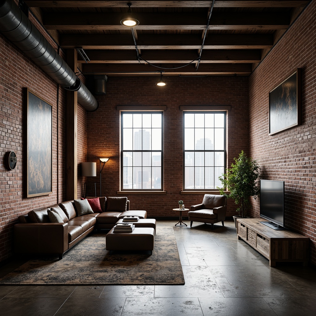 Prompt: Rustic warehouse conversion, exposed brick walls, metal beams, reclaimed wood floors, industrial-chic lighting fixtures, urban loft atmosphere, modern minimalist furniture, functional decorative elements, distressed leather textures, metallic color palette, gritty concrete surfaces, oversized windows, natural daylight, low-key ambient lighting, cinematic composition, high-contrast imagery, dramatic shadows, moody atmosphere.