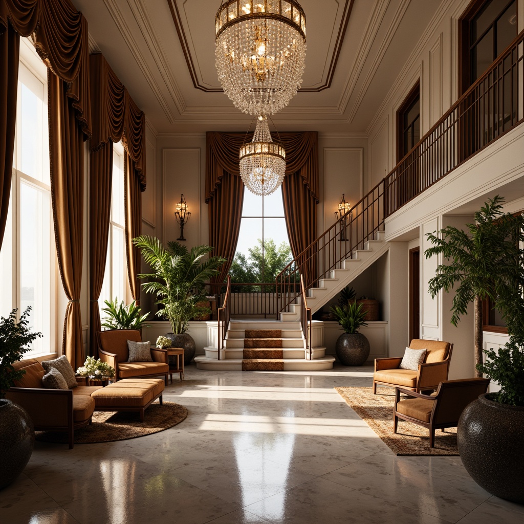 Prompt: Elegant luxury villa, ornate furnishings, lavish decorations, crystal chandeliers, marble flooring, grand staircase, opulent textiles, intricate patterns, rich wood accents, lavish drapery, sparkling lighting fixtures, refined color palette, subtle shading, 1/1 composition, shallow depth of field, soft warm glow, realistic reflections.