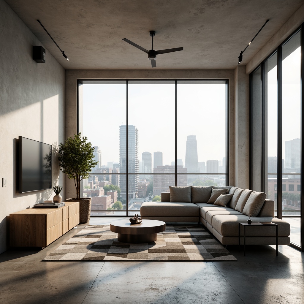 Prompt: Simple modern living room, minimalist furniture, low-profile sofas, sleek coffee tables, geometric-patterned rugs, monochromatic color scheme, abundant natural light, floor-to-ceiling windows, urban cityscape views, industrial-chic decor, reclaimed wood accents, polished concrete floors, subtle textures, soft warm lighting, shallow depth of field, 1/1 composition, realistic reflections, ambient occlusion.