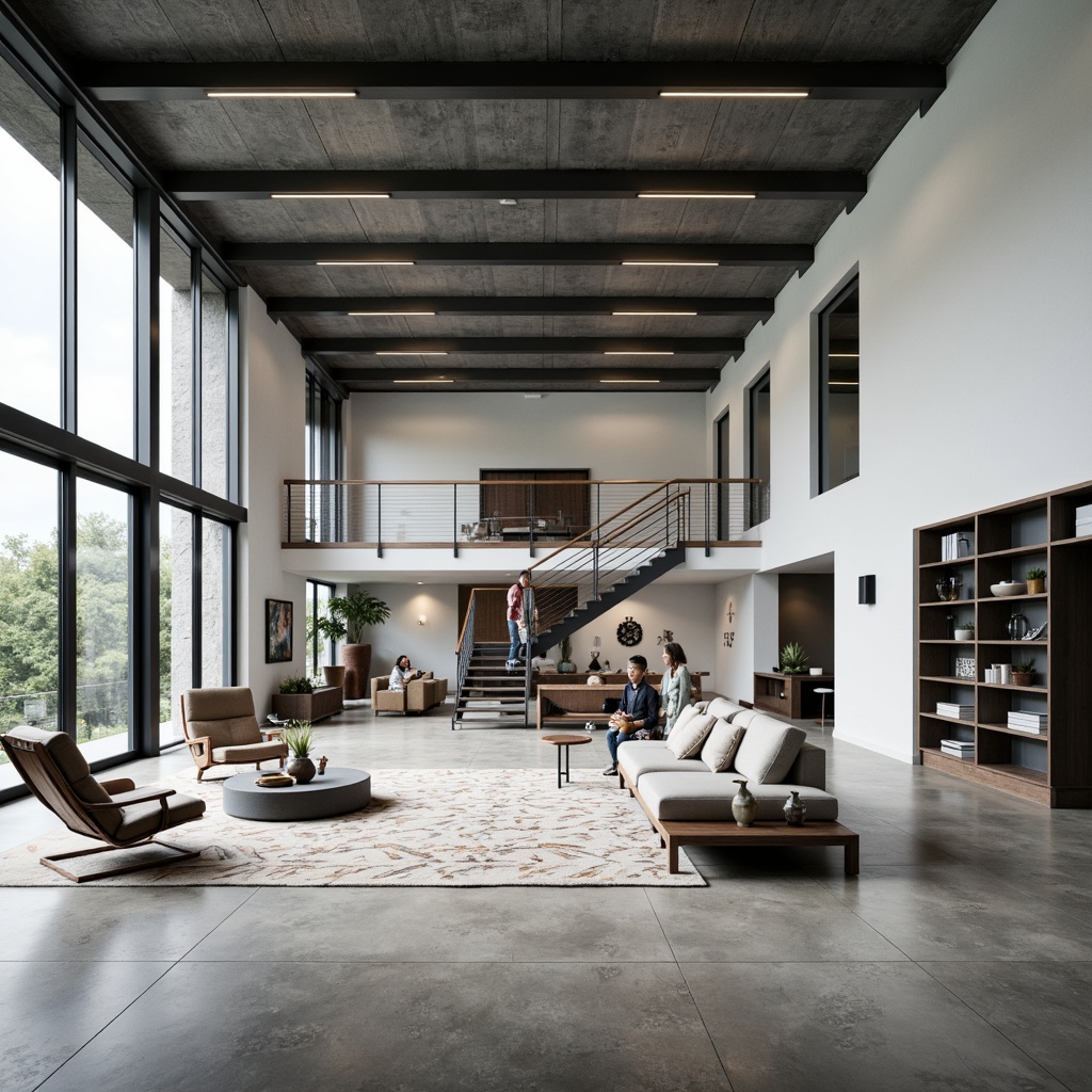 Prompt: Spacious great room, minimalist decor, sleek lines, rectangular shapes, industrial materials, polished concrete floors, steel beams, floor-to-ceiling windows, sliding glass doors, abundant natural light, open floor plan, functional zones, built-in shelving units, geometric patterned rugs, monochromatic color scheme, bold accent walls, cantilevered stairs, suspended lighting fixtures, airy atmosphere, 1/1 composition, shallow depth of field, panoramic view.