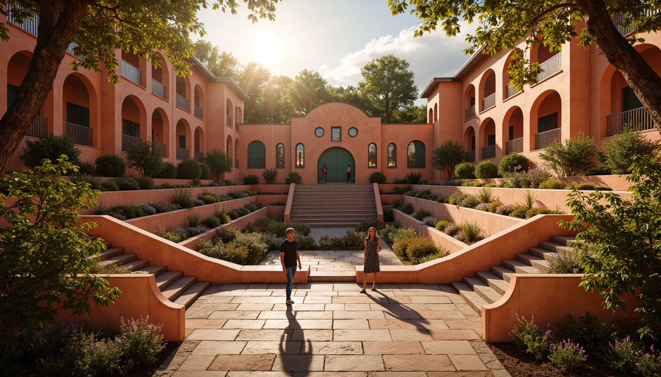 Prompt: Vibrant amphitheater, tiered seating, warm golden lighting, rich terracotta walls, lush greenery, Mediterranean-inspired architecture, curved lines, ornate details, turquoise accents, earthy tone, natural stone flooring, wooden benches, dramatic staircase, panoramic views, soft focus blur, cinematic composition, 1/2 depth of field, warm sunset ambiance.