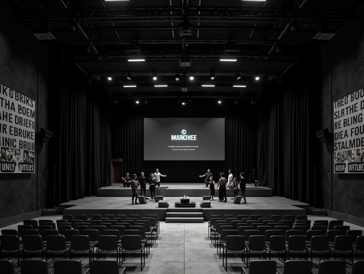 Prompt: Monochromatic theater, sleek black stage, minimalist lighting rigs, industrial metal beams, polished concrete floors, sparse audience seating, avant-garde performance art, bold typography signage, geometric patterned curtains, modern acrylic chairs, understated color palette, high-contrast dramatic lighting, shallow depth of field, 1/2 composition, realistic textures, ambient occlusion.