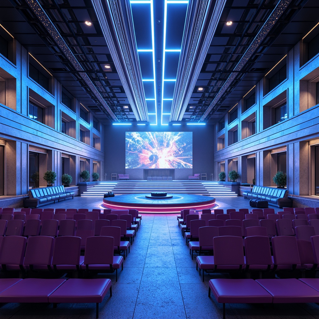 Prompt: Futuristic auditorium, neon-lit stage, holographic projections, metallic silver walls, polished chrome accents, glowing blue lines, electric purple seats, iridescent ceiling tiles, LED strip lighting, translucent glass floors, reflective mirror surfaces, high-tech sound systems, circular catwalks, elevated VIP areas, immersive audio-visual experiences, 3D projection mapping, atmospheric fog effects, dramatic spotlights, cinematic color grading, futuristic architecture, sleek minimalist design.