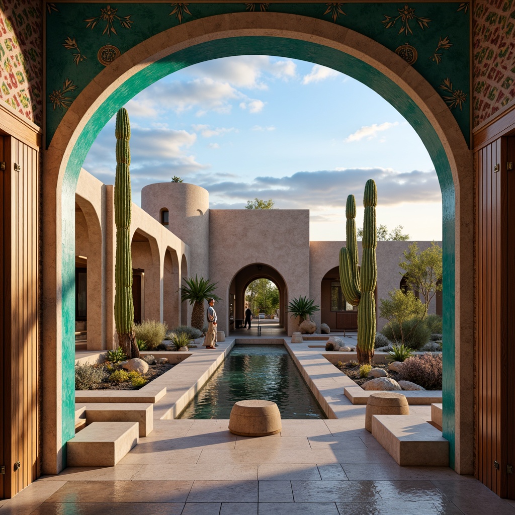 Prompt: Vibrant turquoise accents, intricate Native American patterns, adobe-style architecture, curved archways, ornate wooden doors, rustic stone walls, tranquil courtyards, serene water features, majestic saguaro cacti, warm sandy terrain, clear blue skies, dramatic sunset lighting, soft ambient glow, 1/2 composition, symmetrical framing, realistic textures, subtle depth of field.