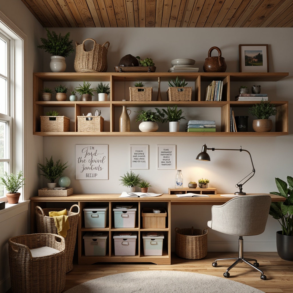 Prompt: Cozy craft room, rustic wooden shelves, woven baskets, vintage decorative items, pastel-colored storage bins, compact workstations, adjustable desk lamps, inspirational quotes, natural wood flooring, earthy color palette, soft warm lighting, shallow depth of field, 1/1 composition, realistic textures, ambient occlusion.