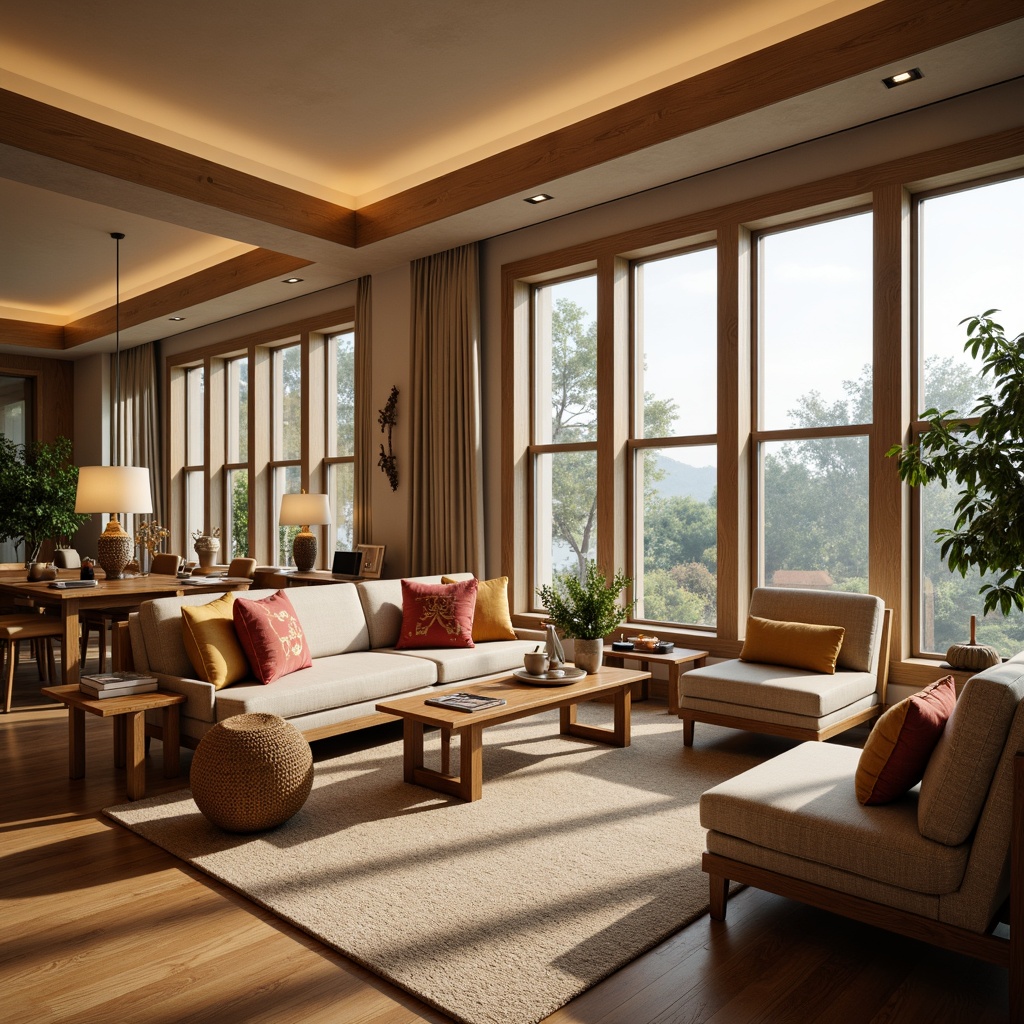 Prompt: Cozy living room, plush sofas, comfortable armchairs, wooden coffee tables, soft cushions, vibrant throw pillows, warm beige carpets, modern LED lighting, large windows, natural sunlight, 3/4 composition, shallow depth of field, panoramic view, realistic textures, ambient occlusion.