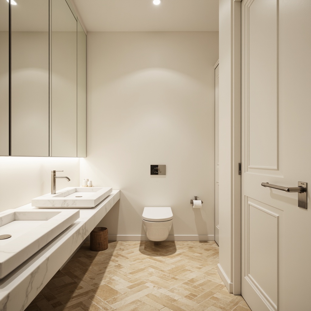 Prompt: Minimalist powder room, soft cream walls, matte finish, subtle texture, neutral tone, recessed lighting, sleek fixtures, wall-mounted sink, polished chrome accents, white marble countertops, simple shapes, clean lines, monochromatic color scheme, warm beige flooring, herringbone pattern, natural stone accents, ambient illumination, shallow depth of field, 1/1 composition, realistic reflections, soft focus.