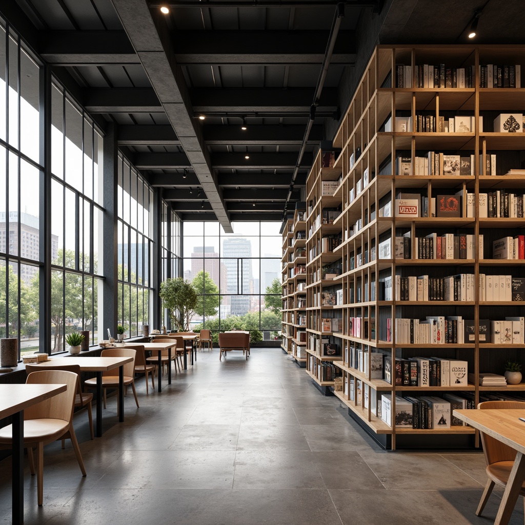 Prompt: Minimalist bookstore interior, sleek wooden shelves, industrial metal frames, geometric ladder bookcases, Scandinavian-inspired design, monochromatic color scheme, soft warm lighting, shallow depth of field, 3/4 composition, natural textures, ambient occlusion, floor-to-ceiling windows, urban cityscape view, modern architecture, concrete flooring, reclaimed wood accents, cozy reading nooks, comfortable seating areas, minimalist decorative elements, subtle branding graphics.