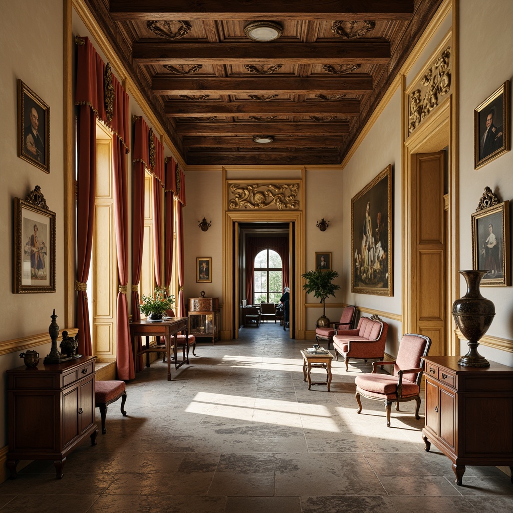 Prompt: Elegant museum interior, rich wood paneling, ornate gold molding, soft cream walls, subtle texture, luxurious velvet drapes, antique furniture pieces, distressed stone flooring, rustic wooden beams, warm ambient lighting, shallow depth of field, 1/2 composition, realistic textures, ambient occlusion, French Country style inspiration, vintage artifacts display, sophisticated artwork arrangement.