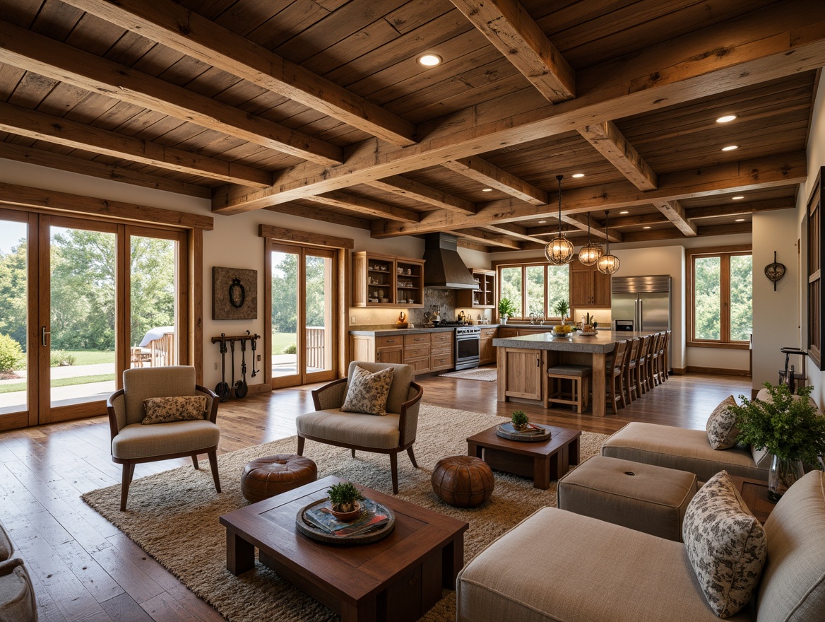 Prompt: Rustic farmhouse, open floor plan, wooden beams, natural stone walls, vintage farm tools, distressed wood accents, earthy color palette, abundance of natural light, sliding barn doors, comfortable living spaces, cozy reading nooks, modern appliances, kitchen island, pendant lighting, warm hardwood floors, plush area rugs, soft warm lighting, shallow depth of field, 3/4 composition, realistic textures, ambient occlusion.