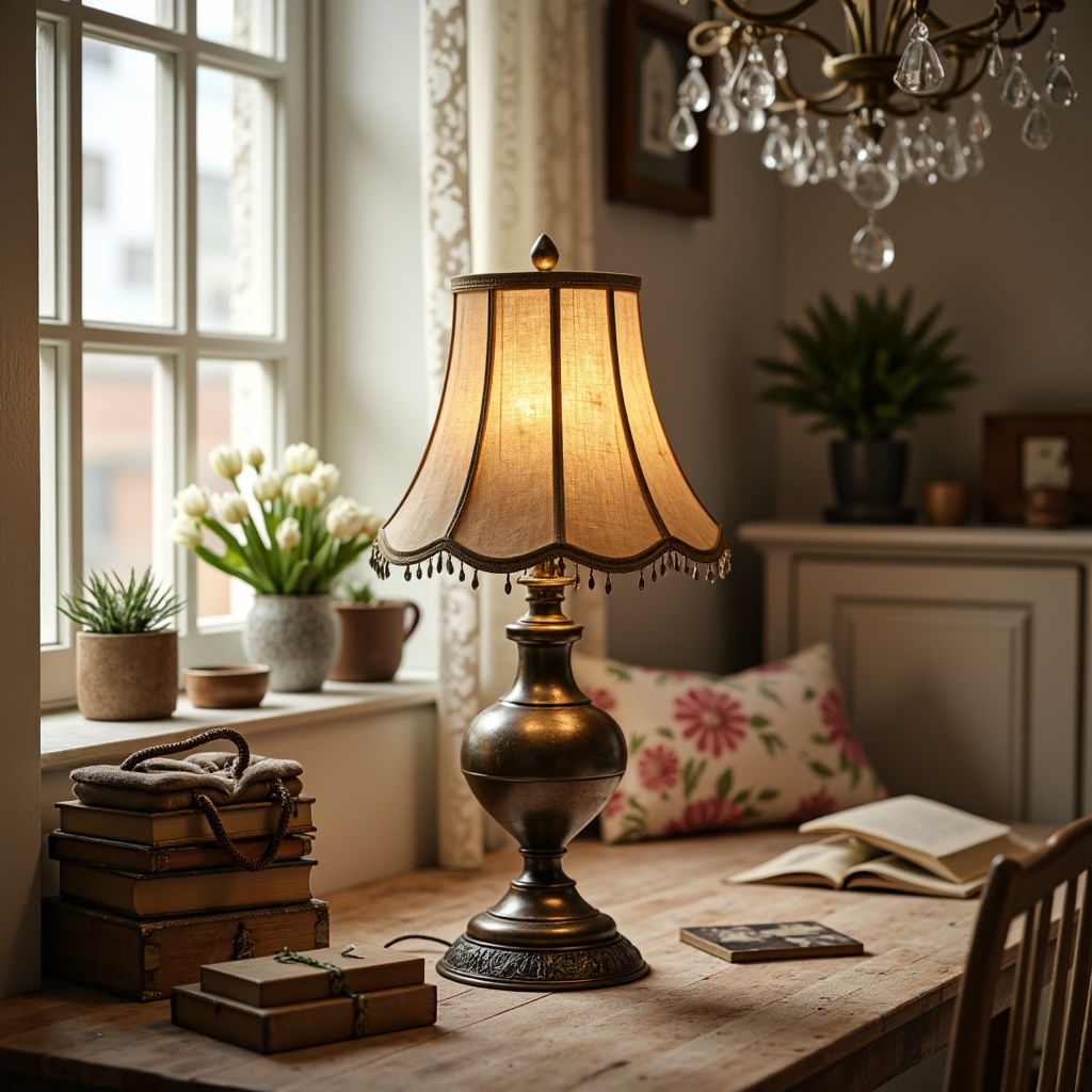 Prompt: Vintage desk lamp, distressed metal shade, linen fabric cover, warm soft glow, rustic wooden base, ornate metal details, antique bronze finish, creamy white walls, natural wood furniture, plush area rug, elegant chandelier, crystal drops, soft pastel colors, feminine decor, lace curtains, floral patterns, vintage books, decorative boxes, cozy reading nook, intimate ambiance, warm inviting lighting, 1/2 composition, shallow depth of field, realistic textures.