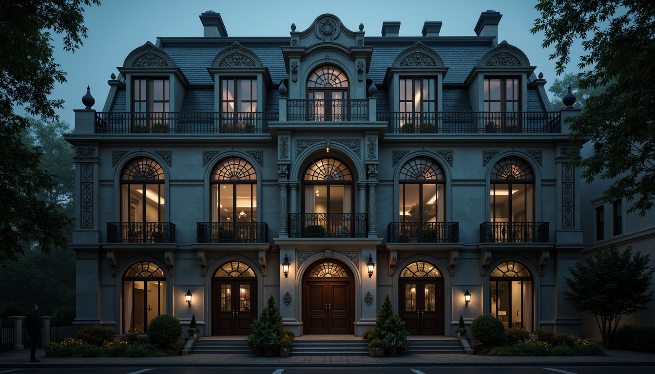 Prompt: Ornate Victorian mansion, grandiose facades, intricately carved stone walls, sculpted wooden doors, ornamental ironwork, lavish balconies, curved bay windows, stained glass panels, Gothic-inspired archways, mysterious dim lighting, foggy atmosphere, eerie shadows, 3/4 composition, cinematic view, high-contrast textures, ambient occlusion.