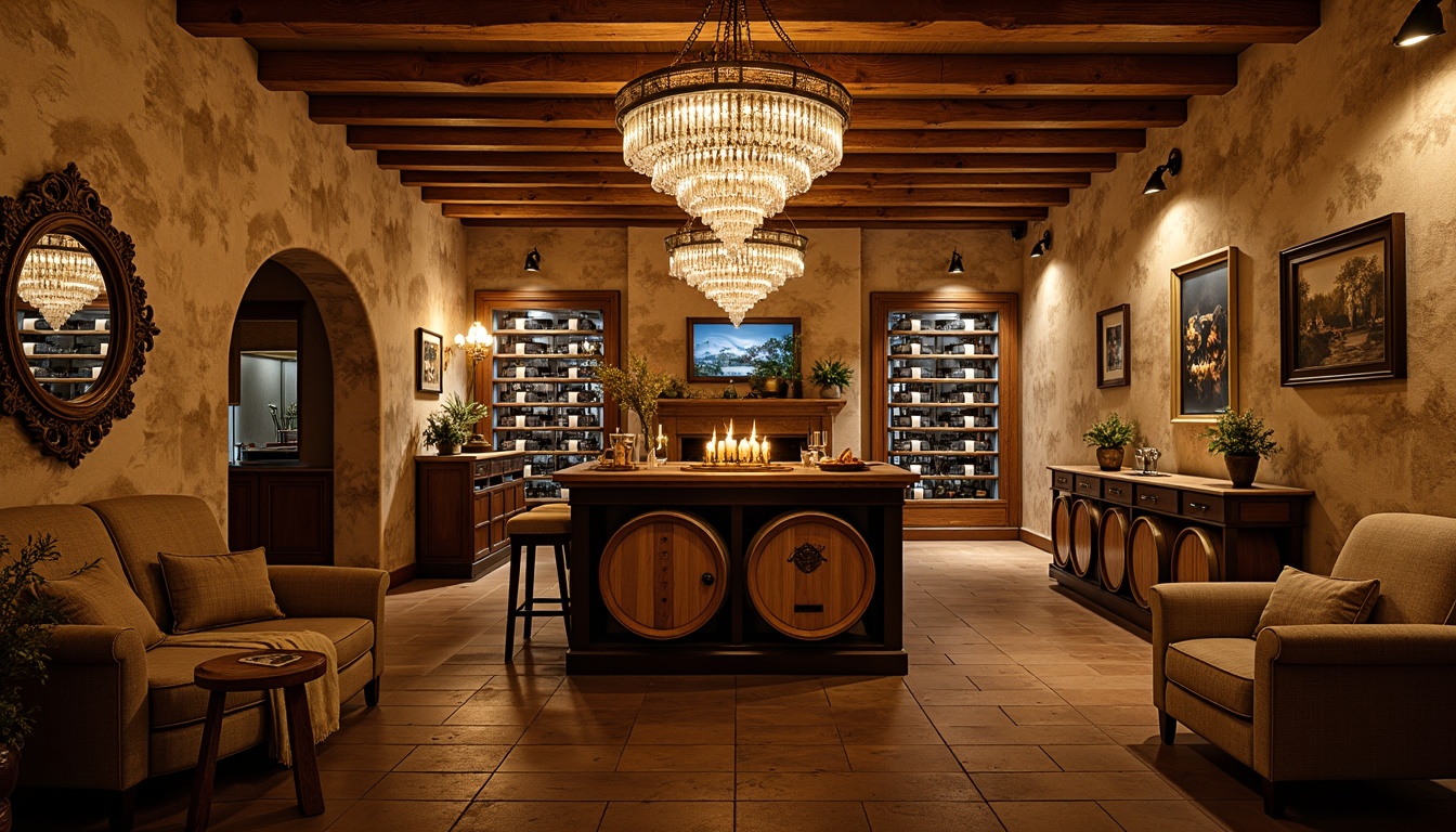 Prompt: Rustic wine cellar, distressed wood walls, vintage wine barrels, soft warm lighting, candlelit ambiance, crystal chandeliers, ornate metalwork, mercury glass pendant lights, reclaimed wood shelves, dimmable LED strips, warm beige tones, cozy nooks, plush furnishings, rich textiles, elegant archways, sophisticated wine racks, ambient glow, dramatic shadows, 1/1 composition, shallow depth of field, warm color temperature.