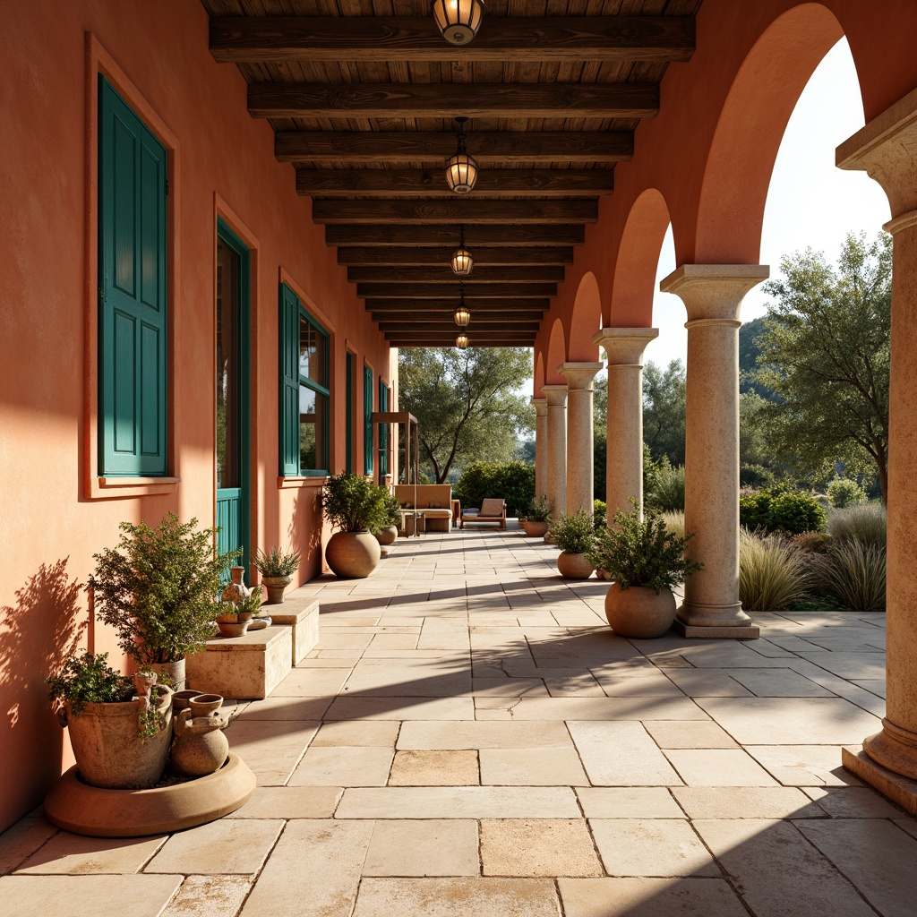 Prompt: Warm Mediterranean villa, sun-kissed terracotta walls, rustic stone flooring, distressed wooden beams, ornate ironwork, vibrant turquoise accents, soft sage greenery, weathered copper fixtures, creamy limestone columns, earthy terracotta pots, lush olive trees, warm golden lighting, shallow depth of field, 3/4 composition, panoramic view, realistic textures, ambient occlusion.