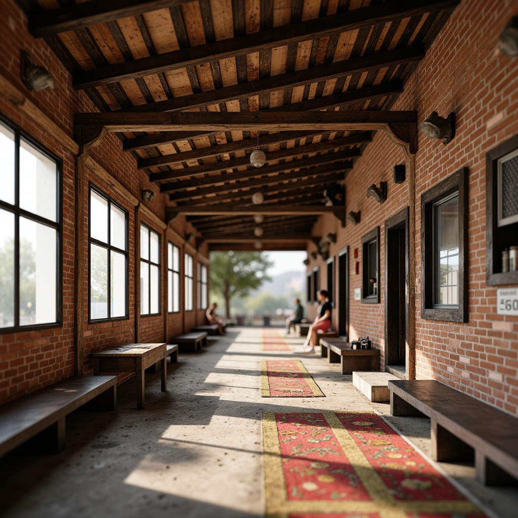 Prompt: Rustic bus station, earthy tones, natural materials, wooden beams, exposed brick walls, clay roof tiles, weathered steel frames, concrete floors, regional stone accents, traditional craftsmanship, ornate metalwork, vibrant local textiles, warm ambient lighting, shallow depth of field, 1/2 composition, soft focus background, realistic textures, ambient occlusion.