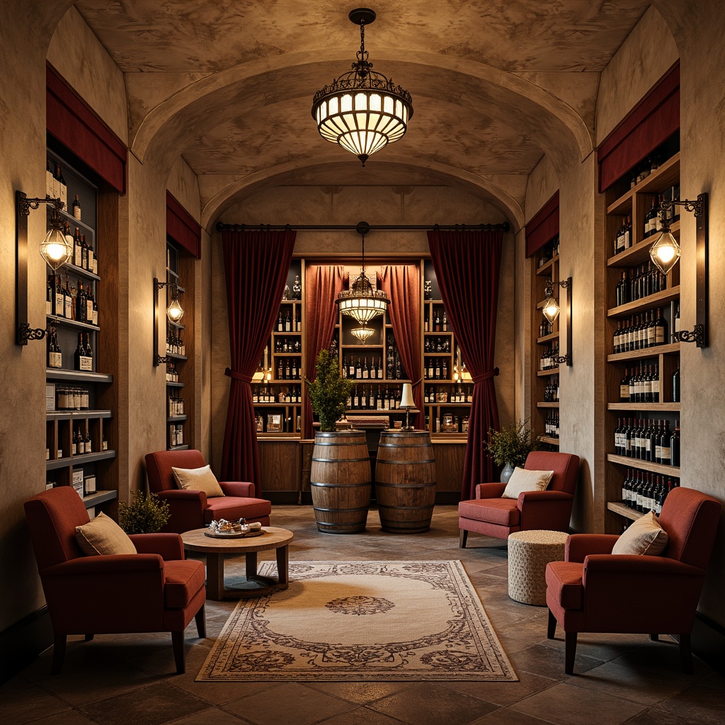 Prompt: Rustic wine cellar, distressed wooden barrels, vintage wine bottles, soft candlelight, warm beige walls, ornate metalwork, reclaimed wood shelves, velvet drapes, antique furniture, plush area rugs, rich burgundy colors, intricate stonework, dimly lit ambiance, intimate seating areas, elegant chandeliers, natural stone flooring, earthy scent, cozy atmosphere, 1/2 composition, warm soft focus, realistic textures.