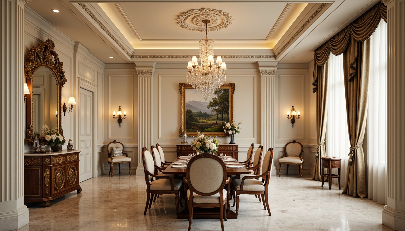 Prompt: Elegant dining room, neoclassical furniture design, ornate wood carvings, gilded accents, velvet upholstery, crystal chandeliers, marble floors, cream-colored walls, classic columns, symmetrical composition, soft warm lighting, subtle shadows, 1/2 composition, realistic textures, ambient occlusion, luxurious fabrics, intricate moldings, sophisticated color palette, refined atmosphere, grandeur sense.