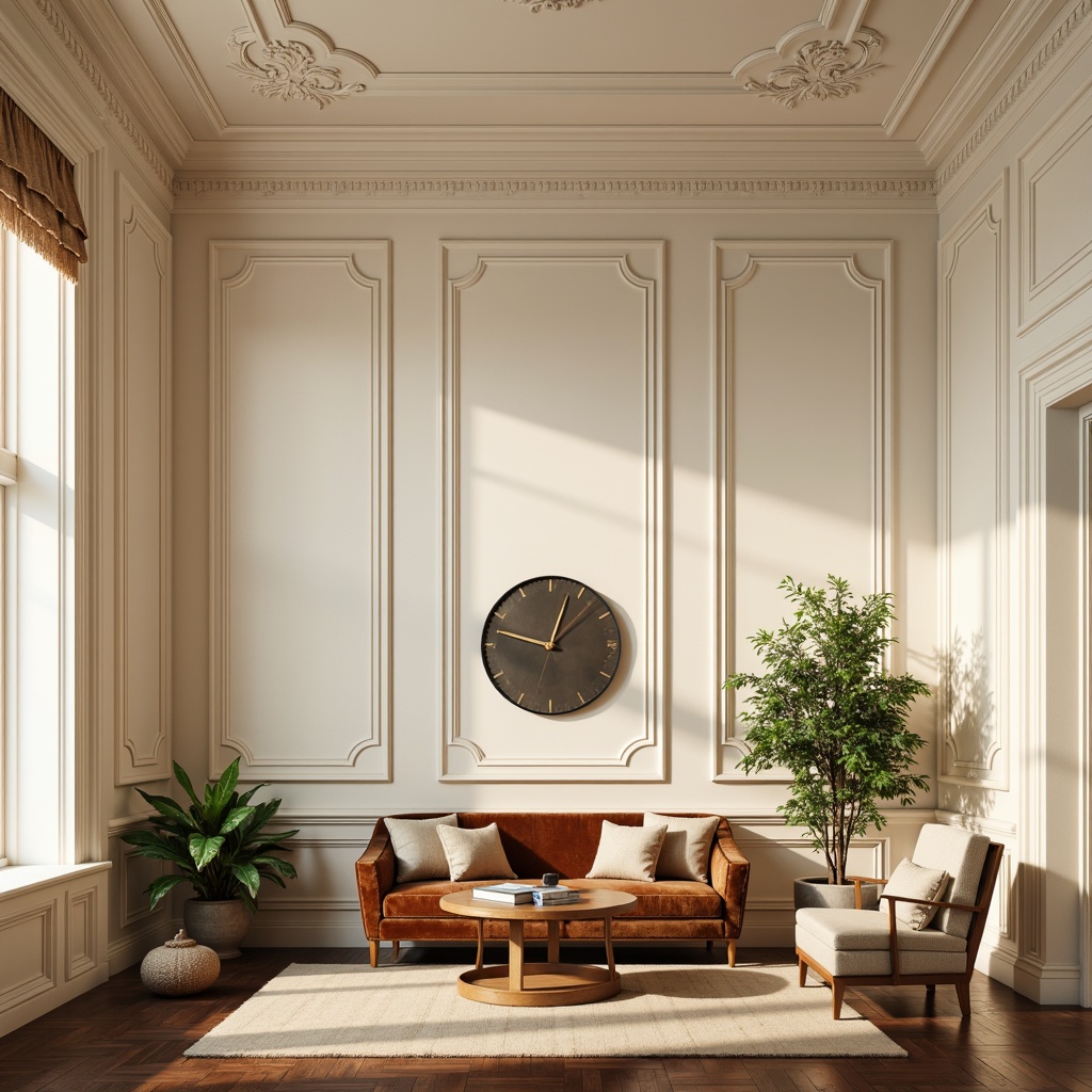 Prompt: Luxurious interior setting, refined molding details, ornate plasterwork, soft warm lighting, creamy white walls, polished hardwood floors, elegant furnishings, velvet upholstery, golden accents, subtle textures, sophisticated color palette, harmonious proportions, balanced composition, 1/2 perspective, atmospheric rendering, realistic materials, delicate ornaments.