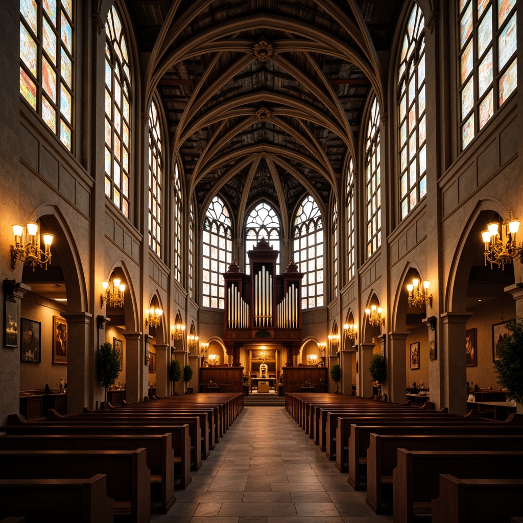 Prompt: Vaulted ceilings, stained glass windows, ornate chandeliers, warm golden lighting, soft candlelight, intricate stone carvings, majestic pipe organs, wooden pews, serene atmosphere, dramatic shadows, subtle color grading, high contrast ratio, warm color temperature, shallow depth of field, 1/2 composition, realistic textures, ambient occlusion.