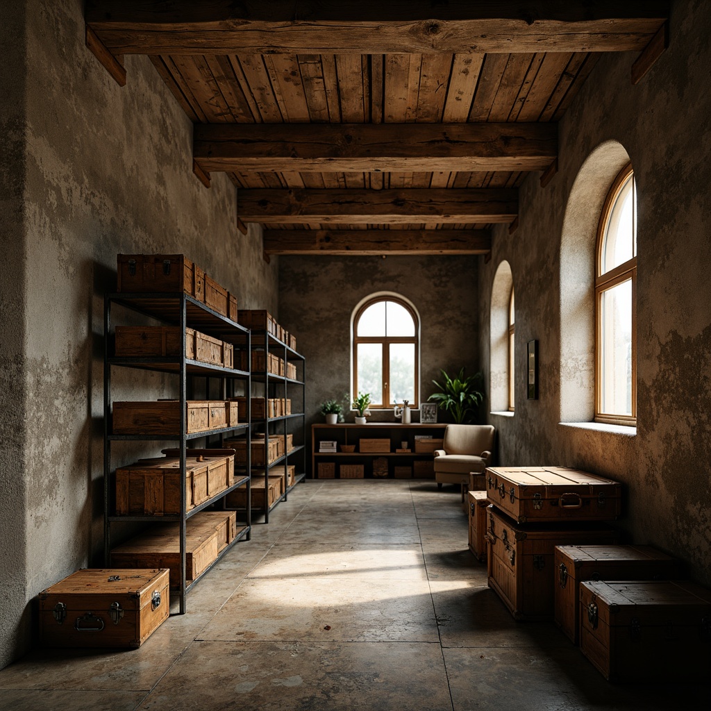 Prompt: Rustic storage room, textured walls, rough concrete surfaces, earthy tones, industrial atmosphere, dim warm lighting, metal shelving units, wooden crates, old trunks, vintage luggage, distressed finishes, natural stone floors, arched windows, minimalist decor, soft shadows, high contrast ratio, 1/1 composition, moody ambient occlusion.