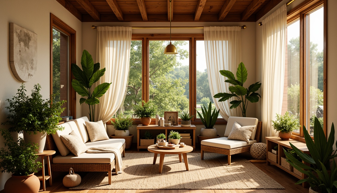 Prompt: Vibrant sunroom, warm beige walls, rich wood accents, lush greenery, natural textiles, wicker furniture, soft cream curtains, golden lighting fixtures, cozy throw blankets, plush area rugs, earthy terracotta pots, blooming flowers, sunny afternoon, gentle warm glow, shallow depth of field, 1/1 composition, intimate atmosphere, realistic textures, ambient occlusion.