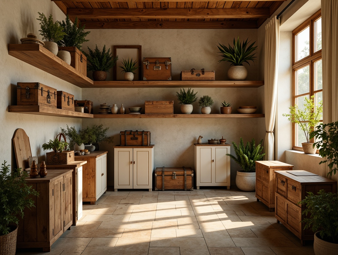 Prompt: Cozy storage room, warm beige walls, rustic wooden shelves, soft golden lighting, natural stone floors, earthy brown crates, vintage metal trunks, distressed wood accents, creamy white cabinets, muted sage greenery, subtle industrial textures, shallow depth of field, 1/1 composition, realistic ambient occlusion.