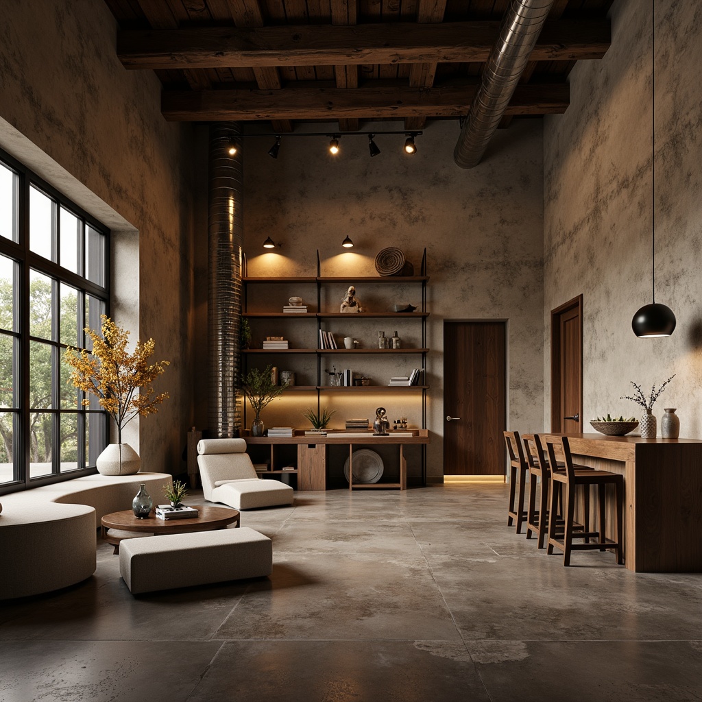 Prompt: Rustic textured walls, earthy tone, natural stone finishes, organic shapes, cozy ambiance, warm lighting, wooden accents, minimalist decor, industrial chic, exposed ductwork, polished concrete floors, metallic beams, urban loft atmosphere, dramatic shadows, low-angle photography, cinematic composition, moody color palette.