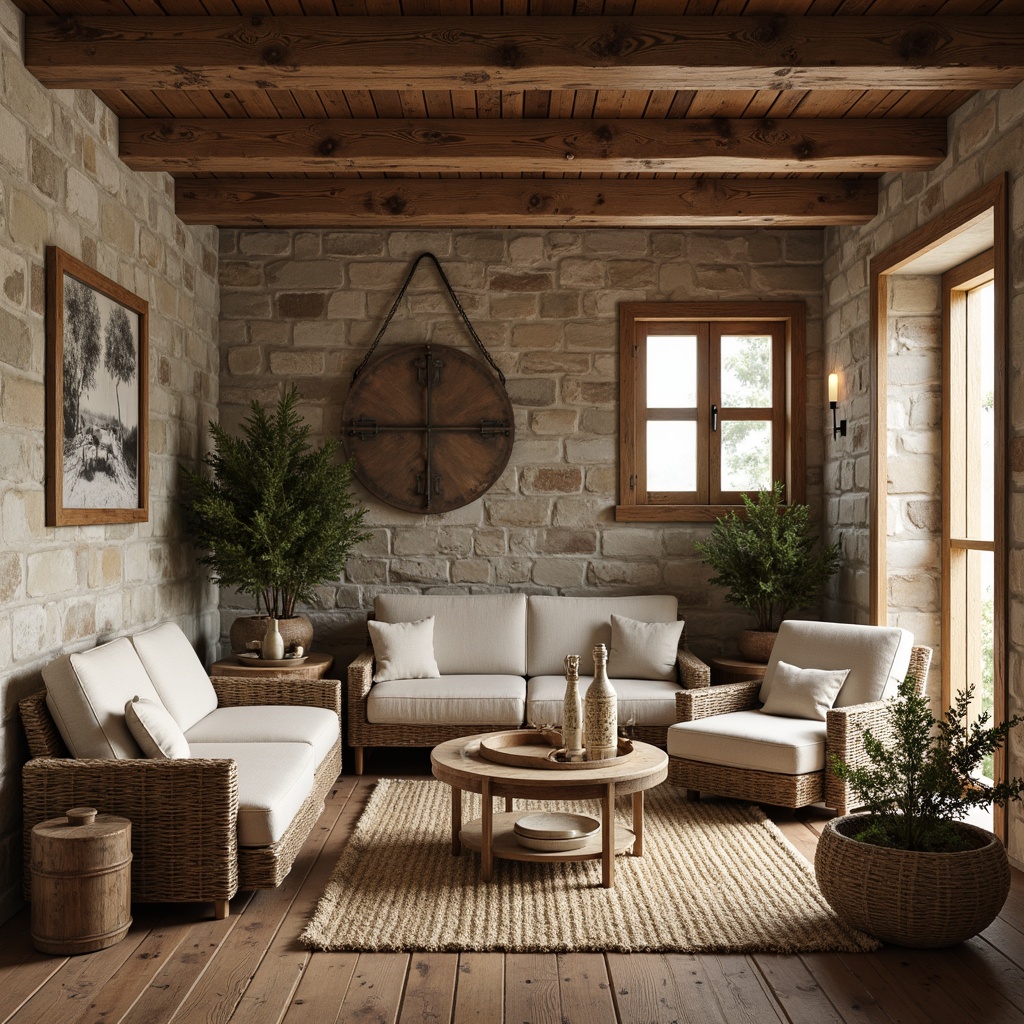 Prompt: Rustic farmhouse interior, reclaimed wood accents, natural stone walls, earthy tone color palette, woven wicker furniture, linen upholstery, jute rugs, vintage metal decor, distressed wooden beams, wooden floorboards, soft warm lighting, 1/1 composition, shallow depth of field, realistic textures, ambient occlusion.