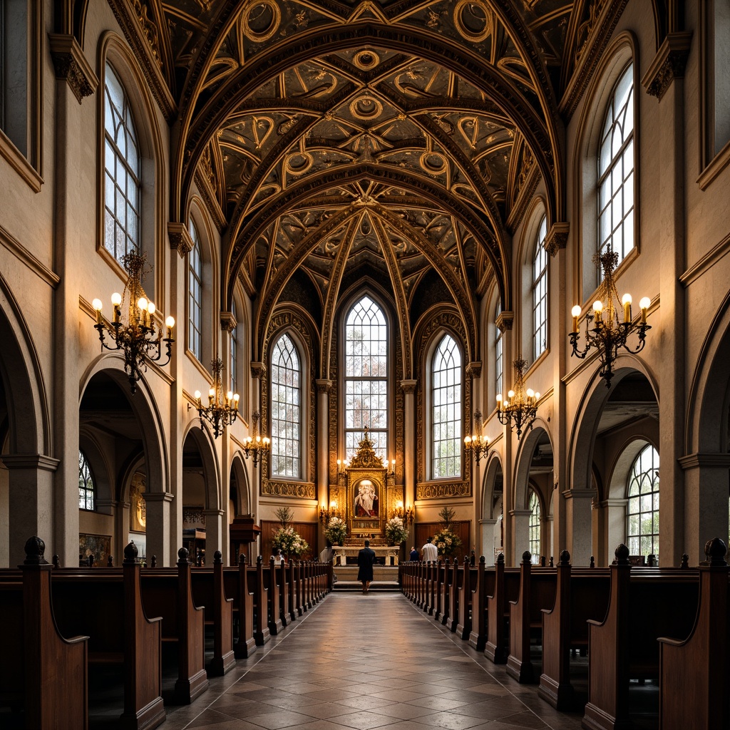 Prompt: Intricate Gothic church, ornate ceilings, golden details, vaulted arches, stained glass windows, grandiose chandeliers, marble floors, intricately carved wooden pews, majestic altar, subtle natural light, soft warm ambiance, shallow depth of field, 1/1 composition, realistic textures, ambient occlusion.