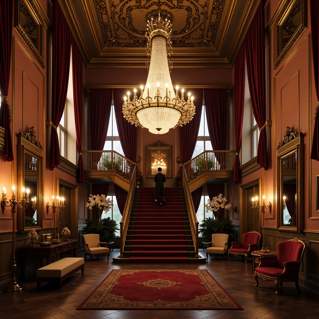 Prompt: Ornate crystal chandeliers, golden sconces, elaborate candelabras, luxurious velvet drapes, rich wood paneling, intricate carvings, gilded mirrors, ornamental plasterwork, grandiose staircases, lavish furnishings, soft warm glow, dramatic shadowing, 1/1 composition, cinematic lighting, realistic reflections, ambient occlusion.