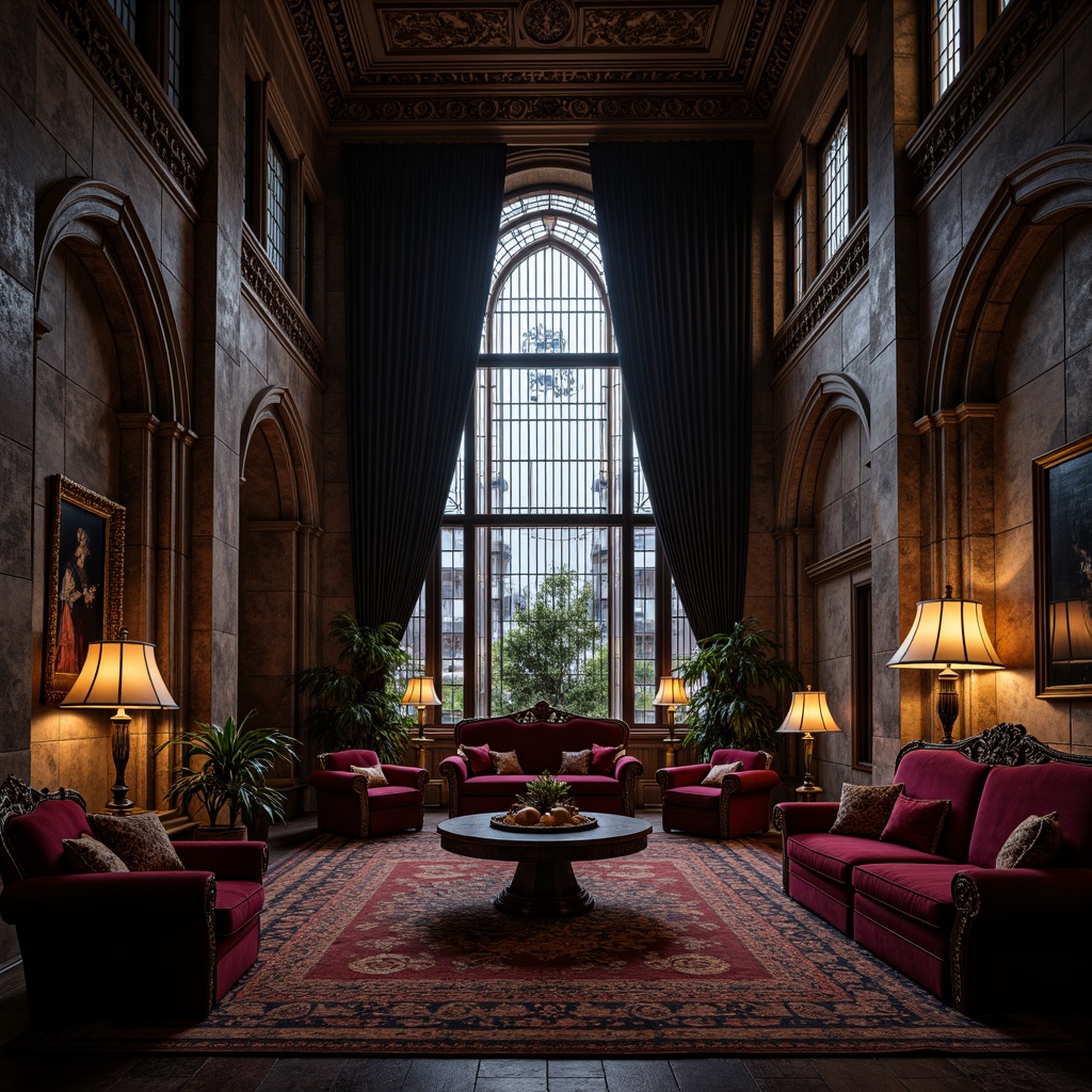 Prompt: Dark, mysterious penthouse interior, grandiose high ceilings, ornate stone walls, stained glass windows, heavy drapery, lavish furnishings, velvet upholstery, intricately carved wooden furniture, gothic arches, mysterious ambiance, dim warm lighting, rich textures, mystical patterns, medieval-inspired decor, luxurious fabrics, bold colors, dramatic shadows, 1/2 composition, low-key lighting, cinematic mood.