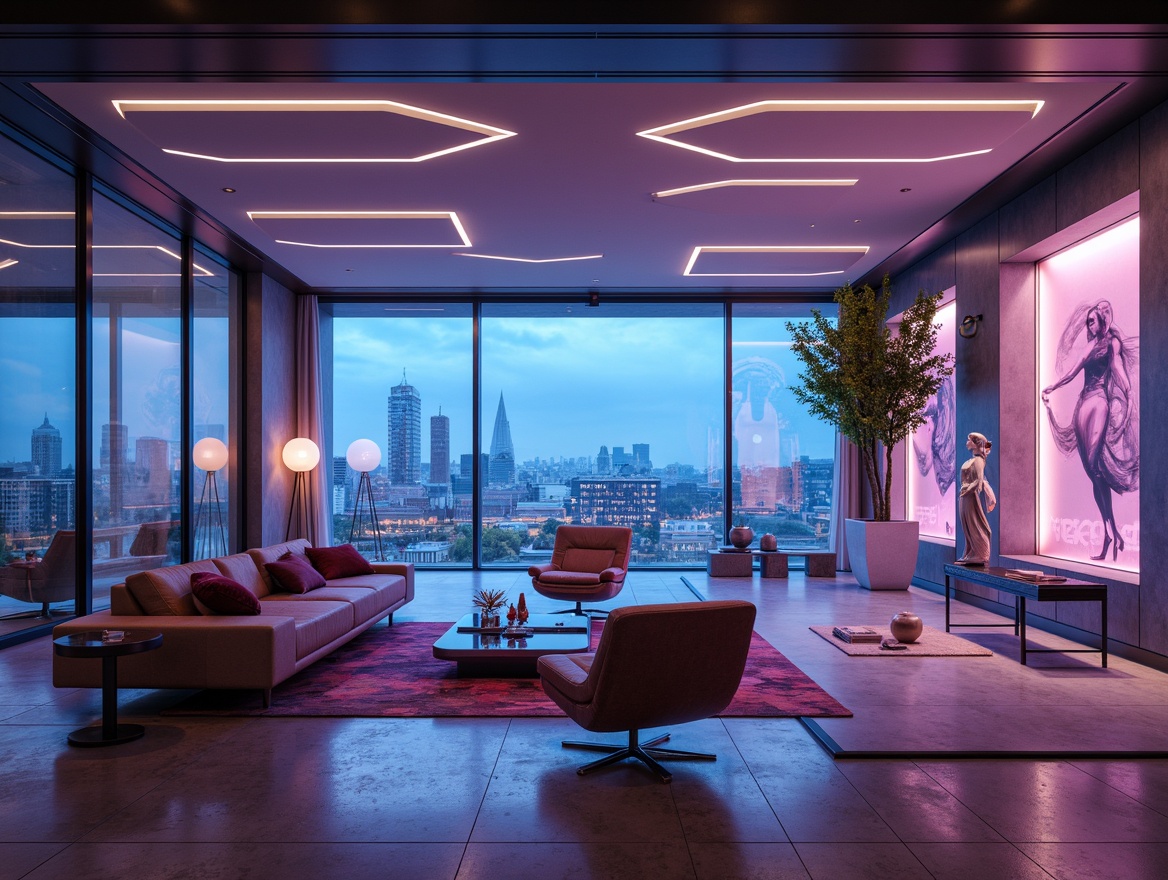 Prompt: Futuristic living room, sleek minimalist furniture, metallic accents, neon color scheme, ambient LED lighting, holographic displays, curved lines, modular seating, geometric patterns, synthetic materials, levitating shelves, smart home technology, virtual reality integration, zero-gravity chairs, futuristic sculptures, abstract artwork, polished concrete floors, transparent glass tables, and panoramic city views.