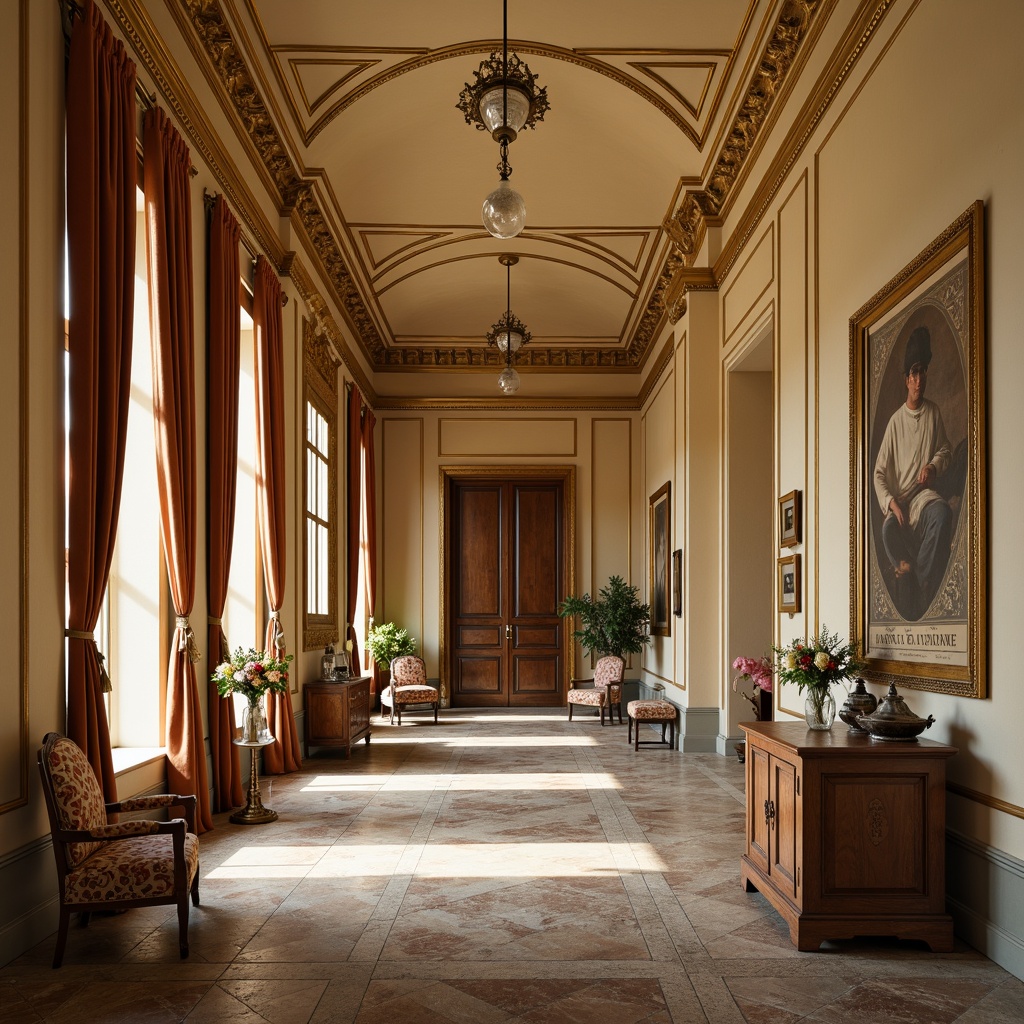 Prompt: Elegant museum interior, soft warm beige walls, ornate gold molding, rustic stone flooring, vintage wooden panels, distressed finishes, luxurious velvet drapes, antique furniture pieces, refined country charm, subtle natural light, warm afternoon ambiance, soft focus, shallow depth of field, 1/2 composition, realistic textures, ambient occlusion.