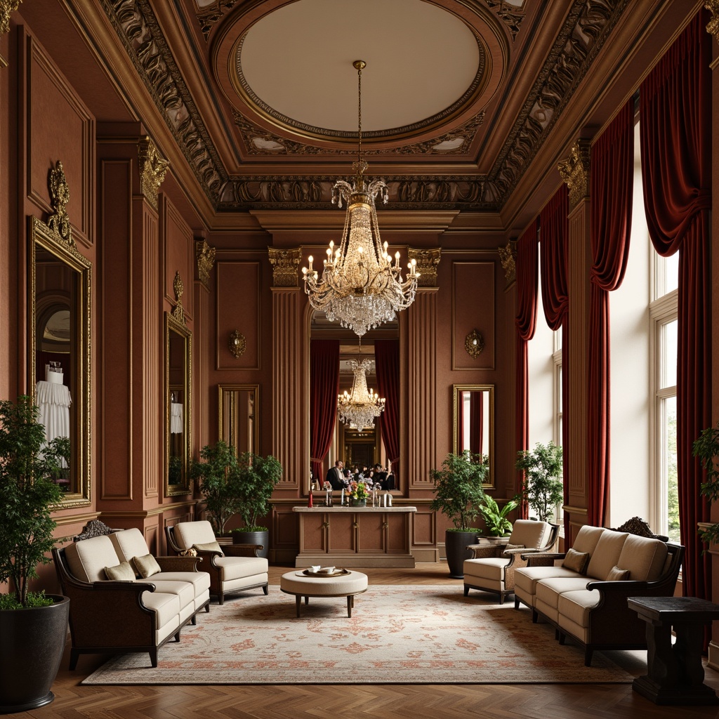 Prompt: Elegant interior spaces, ornate moldings, intricate carvings, curved lines, symmetrical compositions, luxurious fabrics, velvet drapes, gilded frames, marble columns, crystal chandeliers, soft warm lighting, shallow depth of field, 1/2 composition, realistic textures, ambient occlusion, neoclassical architectural details, high ceilings, ornate mirrors, tufted upholstery, rich wood tones, subtle color palette, sophisticated ambiance.