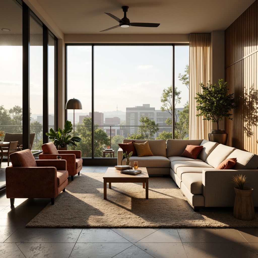 Prompt: Cozy living room, plush sectional sofa, velvet accent chairs, wooden coffee table, minimalist decor, floor-to-ceiling windows, natural light, soft beige carpeting, ambient warm lighting, 1/2 composition, shallow depth of field, realistic textures, mid-century modern style, geometric patterns, metallic accents, greenery views, cityscape background, morning sunlight, gentle shadows.