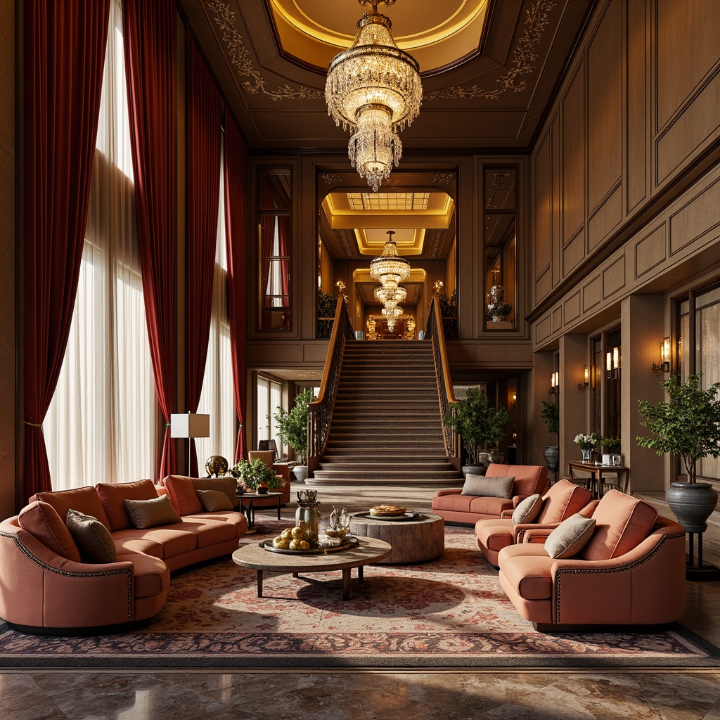 Prompt: Richly upholstered furniture, velvety soft cushions, metallic accents, opulent marble floors, lavish crystal chandeliers, intricately carved wooden panels, sumptuous silk fabrics, delicate lace trimmings, warm golden lighting, dramatic ceiling height, grandiose staircase, ornate mirrors, luxurious carpeting, indulgent velvet drapes, majestic stone fireplaces, sophisticated minimalism, atmospheric misting systems, cinematic wide-angle views.