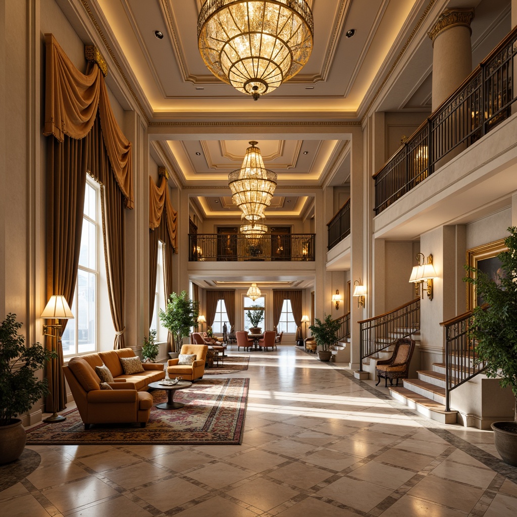 Prompt: Luxurious interior space, ornate furnishings, intricate carvings, grand chandeliers, polished marble floors, lavish textiles, velvet drapes, gilded frames, Baroque-inspired patterns, rich wood paneling, stately columns, regal archways, majestic staircases, opulent lighting fixtures, dramatic ceiling heights, warm beige color palette, soft golden accents, highly detailed moldings, realistic material textures, shallow depth of field, 1/1 composition, high-contrast rendering.