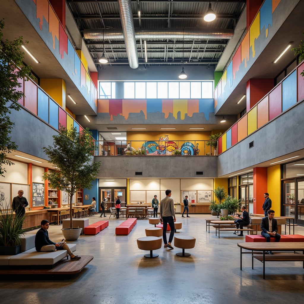 Prompt: Vibrant high school interior, eclectic expressionist style, bold color scheme, geometric patterns, irregular shapes, open floor plan, flexible seating arrangements, collaborative learning spaces, interactive whiteboards, modern minimalist furniture, industrial-chic lighting fixtures, exposed ductwork, polished concrete floors, reclaimed wood accents, urban-inspired graffiti, dynamic staircases, mezzanine levels, natural light pouring in, shallow depth of field, 1/2 composition, cinematic atmosphere, stylized textures, subtle ambient occlusion.