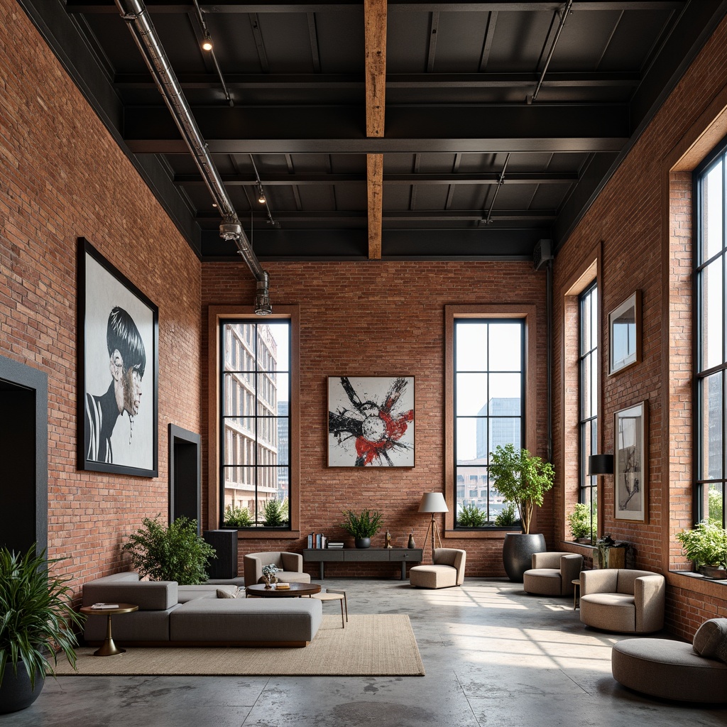 Prompt: Exposed brick walls, metal beams, reclaimed wood accents, industrial-style lighting fixtures, urban cityscape, converted warehouse spaces, open floor plans, minimalist decor, functional raw concrete floors, metallic color schemes, distressed finishes, eclectic furniture pieces, abstract artwork, overhead crane systems, mechanical elements on display, neutral color palette, dramatic high ceilings, brutalist architecture influences, mixed materials textures, rustic-chic aesthetics.