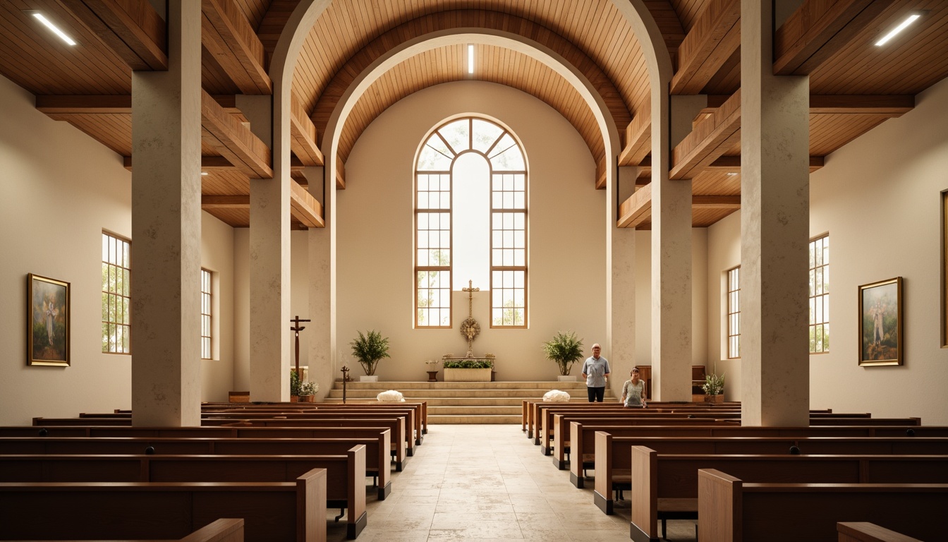 Prompt: Minimalist religious architecture, subtle spiritual symbols, soft warm lighting, natural stone walls, wooden accents, stained glass windows, serene ambiance, peaceful atmosphere, simple furniture, understated decorative elements, earthy tones, calm color palette, vaulted ceilings, grandeur scales, symmetrical composition, soft focus, shallow depth of field, realistic textures.