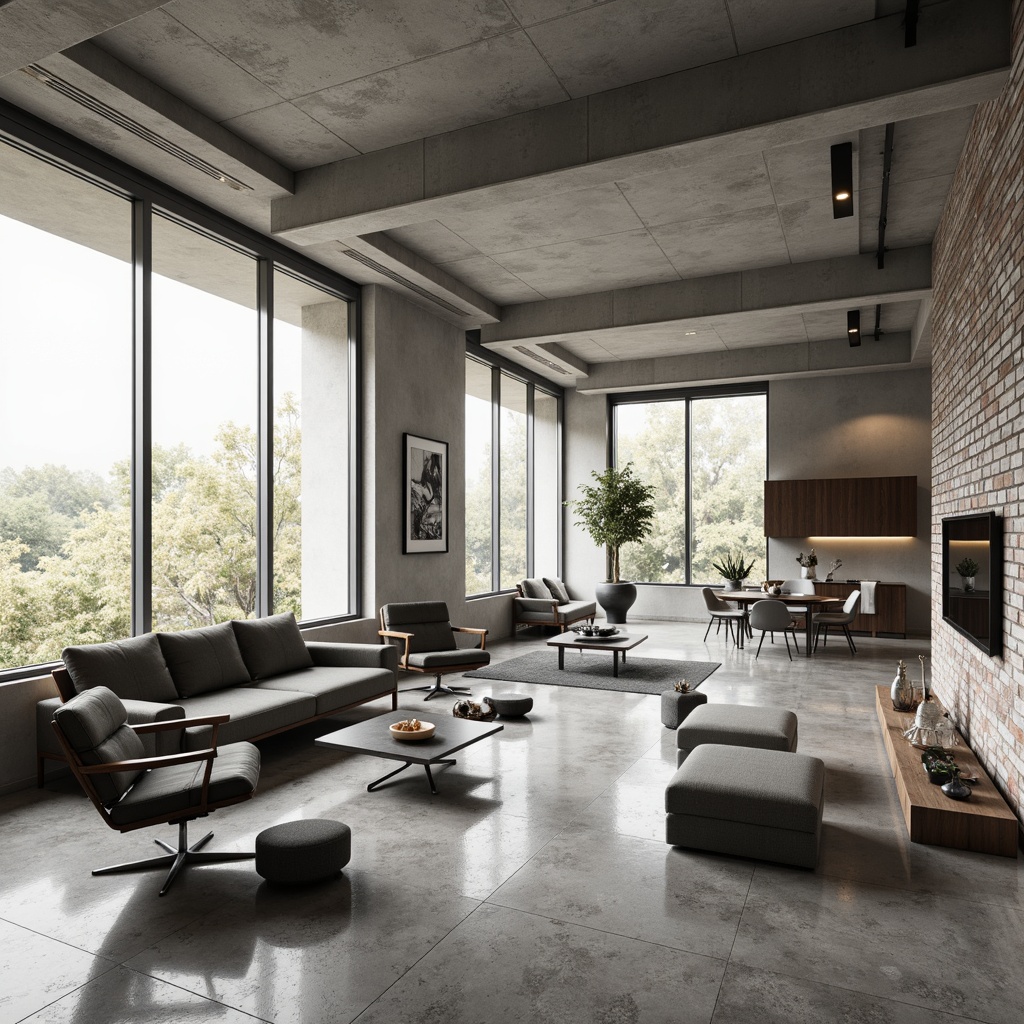 Prompt: Minimalist living room, Bauhaus style furniture, clean lines, simple shapes, monochromatic color scheme, industrial materials, exposed brick walls, polished concrete floors, geometric patterns, functional decor, sleek metal accents, oversized windows, natural light, airy atmosphere, shallow depth of field, 1/1 composition, soft warm lighting, ambient occlusion.