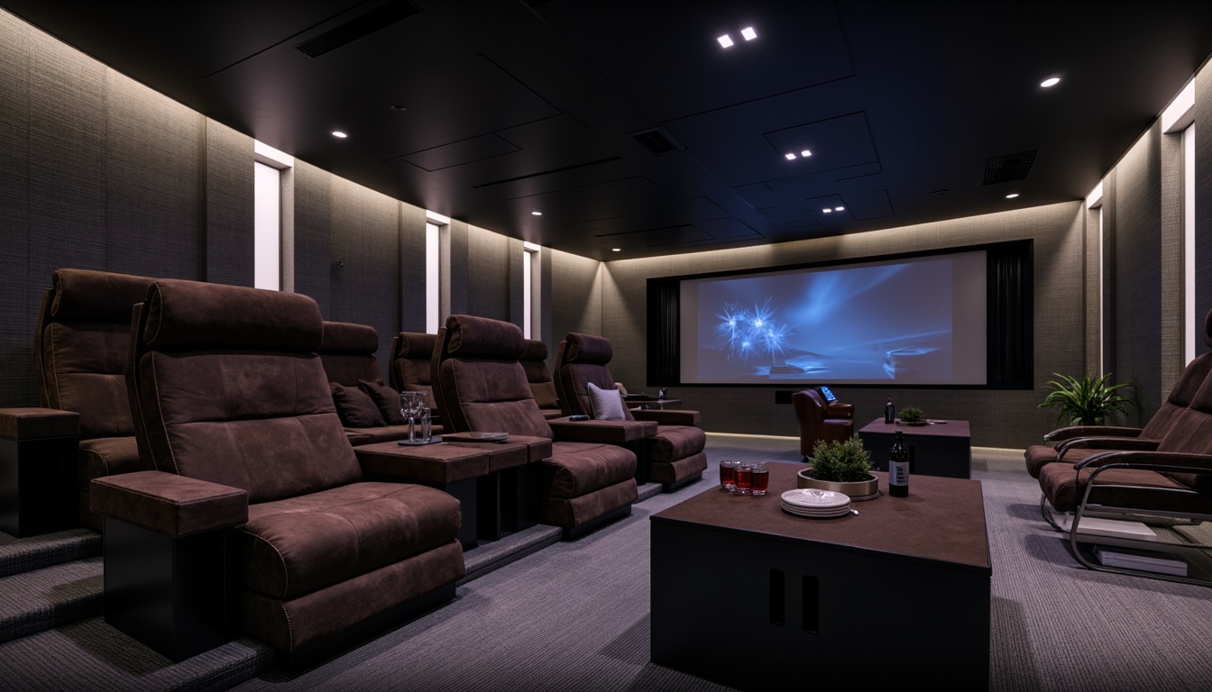 Prompt: Modern cinema interior, sleek lines, minimalist design, dark tone color scheme, luxurious velvet seats, reclining chairs, adjustable armrests, built-in cup holders, stainless steel frames, LED floor lighting, ambient ceiling lights, cinematic sound system, immersive audio experience, 3D projection technology, large curved screen, futuristic control panel, ergonomic console design, premium leather upholstery, metallic accents, subtle texture patterns, atmospheric misting system, dynamic camera angles, shallow depth of field, 1/2 composition, realistic rendering.