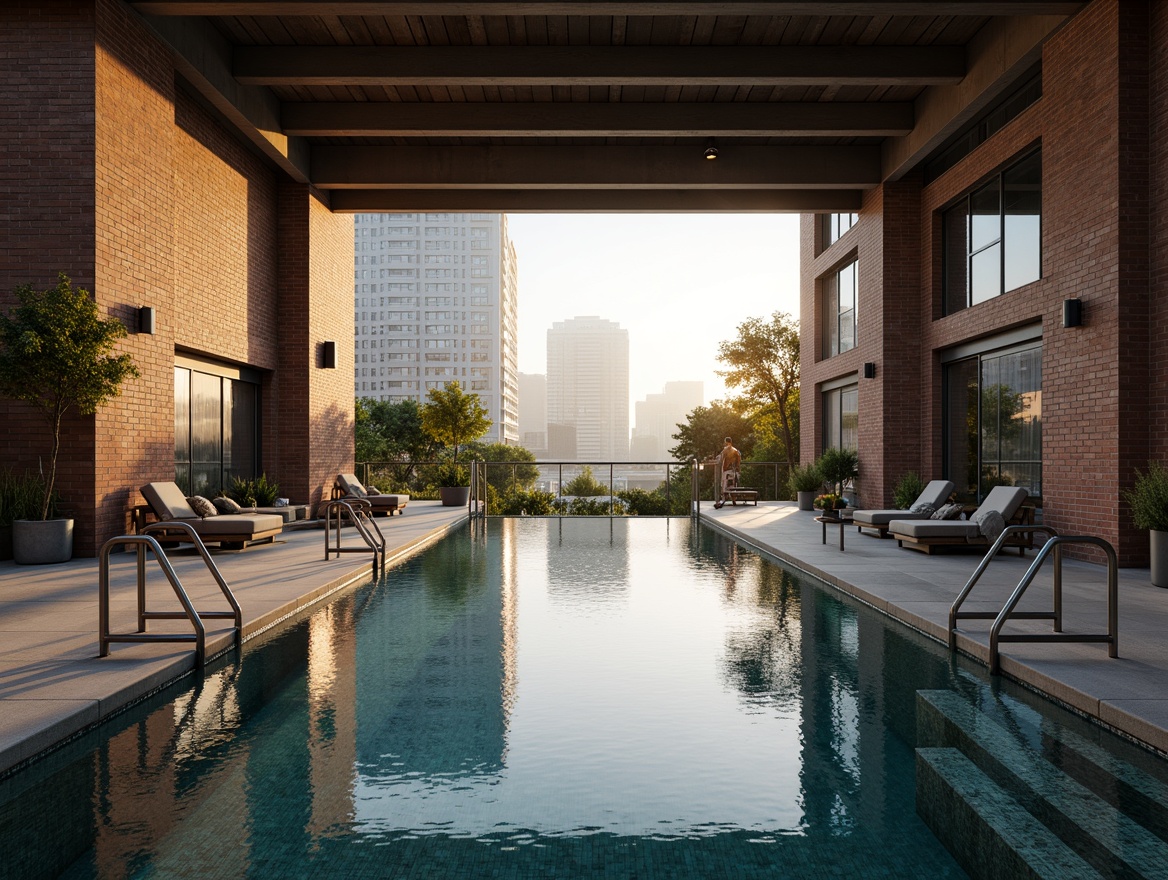 Prompt: Rustic industrial pool, exposed brick walls, metallic ladders, reclaimed wood decking, polished concrete floors, matte black railings, chrome accents, LED underwater lighting, infinity edge design, urban cityscape views, misty morning atmosphere, warm golden hour lighting, shallow depth of field, 2/3 composition, cinematic mood, realistic reflections, ambient occlusion.