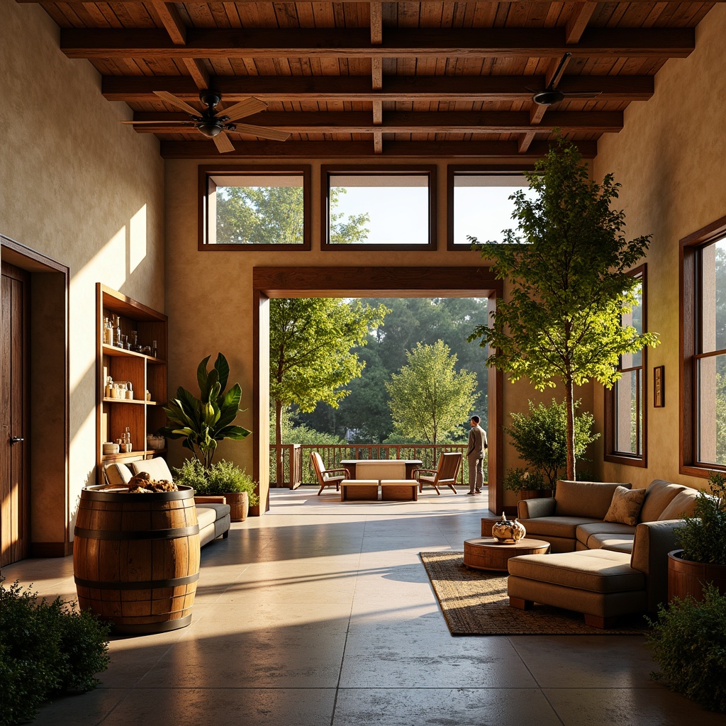 Prompt: Rustic winery, earthy tones, warm beige walls, rich wood accents, vintage metal decor, lush green vines, abundant natural light, soft warm glow, shallow depth of field, 3/4 composition, panoramic view, realistic textures, ambient occlusion, elegant stone flooring, wooden barrel displays, sophisticated wine cellars, intimate tasting rooms, cozy fireplaces, plush furnishings, nature-inspired color palette, earthy reds, mossy greens, sky blues, creamy whites, warm golden lighting, dramatic shadows.