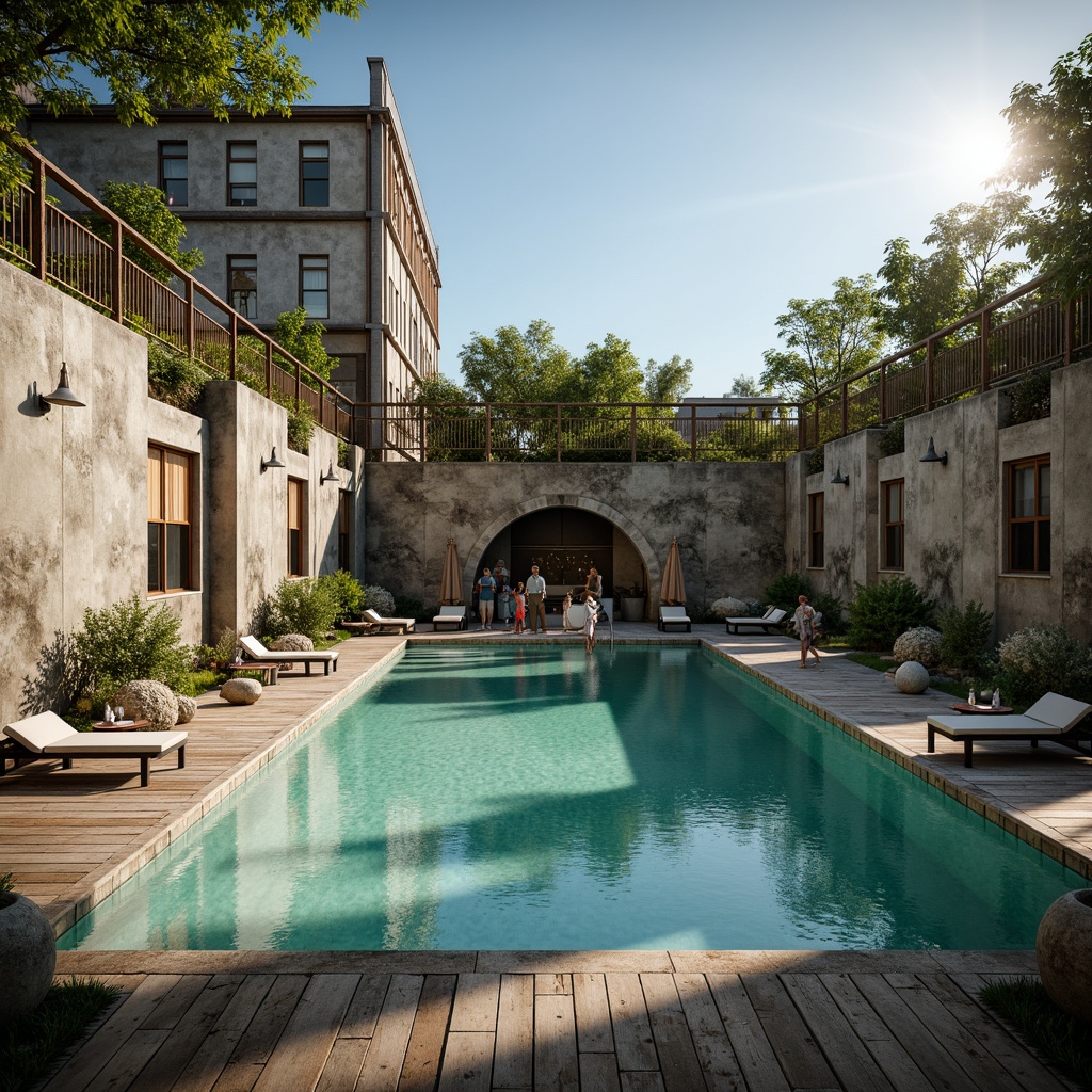 Prompt: Rustic industrial pool surroundings, distressed concrete walls, metallic accents, reclaimed wood decking, vintage diving boards, old-fashioned lanterns, turquoise water, sunny day, warm natural lighting, shallow depth of field, 1/2 composition, cinematic color grading, gritty textures, ambient occlusion.