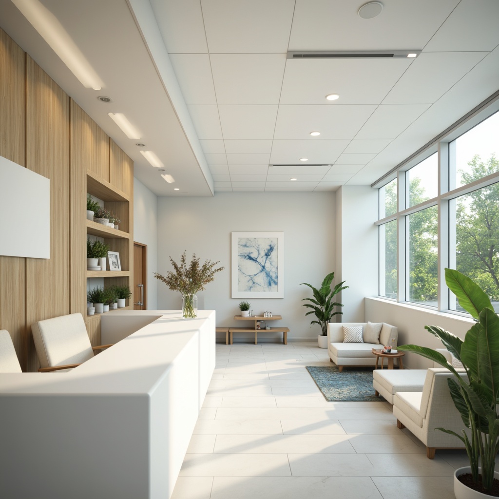 Prompt: Calming clinic interior, soothing color palette, soft pastel hues, gentle whites, creams, blues, pale greens, natural wood accents, minimalist decor, modern medical equipment, sterile surfaces, indirect lighting, warm glow, shallow depth of field, 1/1 composition, realistic textures, ambient occlusion.