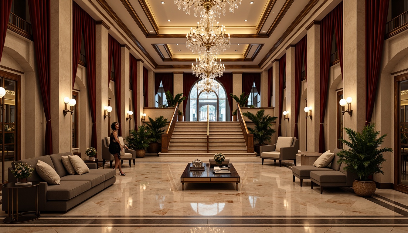 Prompt: Luxurious hotel lobby, grand staircase, marble floors, crystal chandeliers, plush furnishings, velvet drapes, ornate mirrors, elegant archways, sophisticated color palette, warm ambient lighting, soft background music, inviting seating areas, lavish flower arrangements, polished metal accents, Renaissance-inspired patterns, intricate moldings, refined textures, 1/1 composition, shallow depth of field, soft focus, warm color tones.